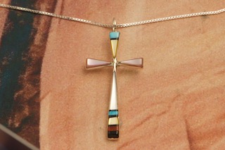 Zuni Indian Jewelry Genuine Mother of Pearl Sterling Silver Cross Pendant